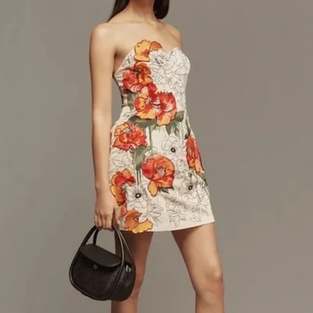 Anthropologie Strapless Dress with Vibrant Orange Floral Pattern